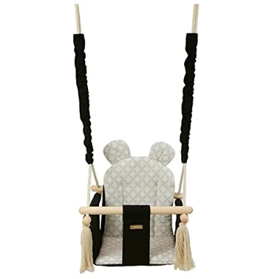 Image of Baby/toddler swing, indoor, outdoor, soft seat, swing chair (colour: black, cream diamonds)