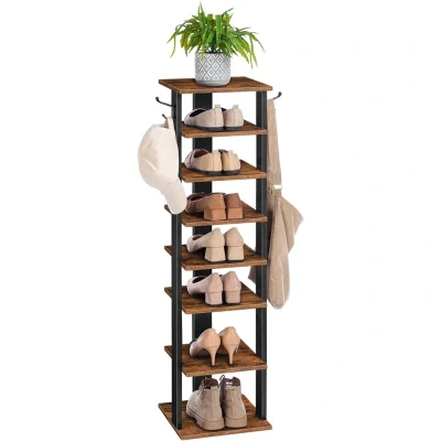 Image of HOOBRO Shoe Rack Wooden, Tall Rack, Narrow Storage Organizer with 2 Hooks, Slim Shelf, Vertical Tower for Entrance, Living Room, Hallway, Industrial, Rustic Brown EBF07XJ01G1