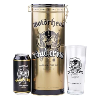 Image of Motörhead Road Crew Premium Tin Gift Set. Includes 500ml Bottle and Branded Glass Pale British Ale by iconic Heavy Metal band. Perfect for Christmas