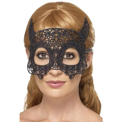 Image of Smiffys Embroidered Lace Filigree Devil Eyemask, Black , Eyemasks Fancy Dress, Adult Dress Up Eye masks