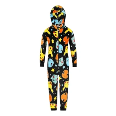 Image of Pokemon Boys Girls Fleece Black AOP Sleepsuit Kids Pikachu Onesie (11 12 Years)