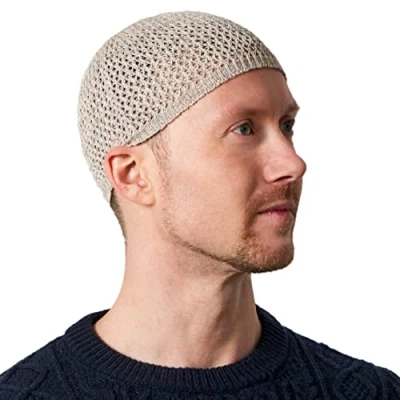 Image of CHARM Mens Hemp Kufi Hat Japanese Fashion Beanie Cap Islam Prayer Summer Skull Beige L