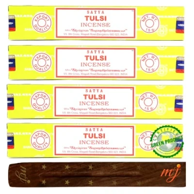 Image of Original Satya Nag Champa Tulsi incense sticks with M&amp;J holder x4 pack for Aromatherapy, Spa, Yoga, Weddings, Meditation, Healing, Positivity and Relaxation