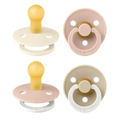 Image of BIBS Colour Soother 4 Pack, BPA Free Dummy Pacifier, Round Nipple. Natural Rubber Latex, Made in Denmark. 0 6 Months (Pack of 4), Blush Glow Mix