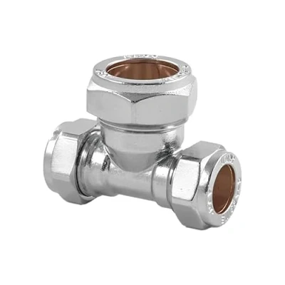 Image of Pack of 2 22mm x 28mm Compression Chrome Reducing tee (Known as Reducer tee/Chrome Pipe Fittings/Chrome Plumbing Also Available in 15mm, 22mm, 28mm)