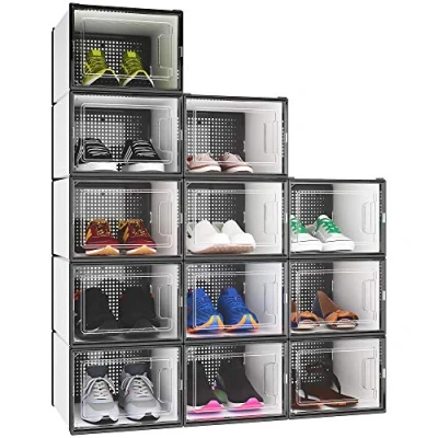 Image of YITAHOME Shoe Box,12Pcs Stackable Containers,35.8x27.7x20.8cm,Fit up to UK Size 14,X Large Storage,Non toxic Plastic Drop Front Organisers,Shoe Storage Box