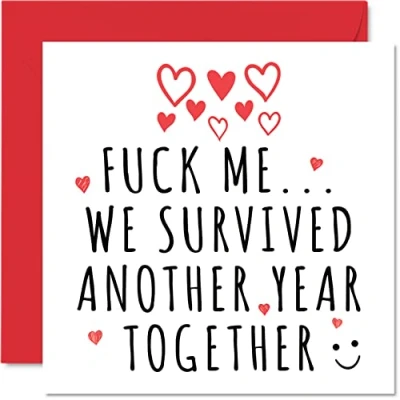 Image of Funny Anniversary Card for Her Him F**k Me We Survived Another Year Wedding Husband Wife, 145mm x Greeting Cards, Valentines Girlfriend Boyfriend Partner Fiancé