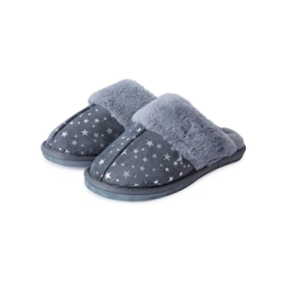 Image of Tokyo Laundry Gravity Foil Star Print Faux Suede Mule Slippers with Fur Lining &amp; Trim in Grey 7 8 (40 41)