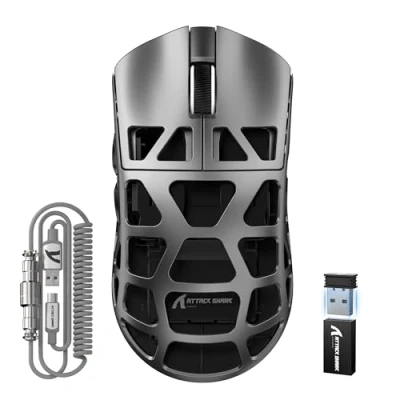Image of ATTACK SHARK R3PRO 46g SUPERLIGHT Magnesium Alloy Mouse, 8000Hz Wireless Polling Rate, 26000DPI, 2.4G/BT/Wired Gaming PixArt PAW3395 Sensor, Programmable Mice with Coiled Cable, PC/Mac, Grey