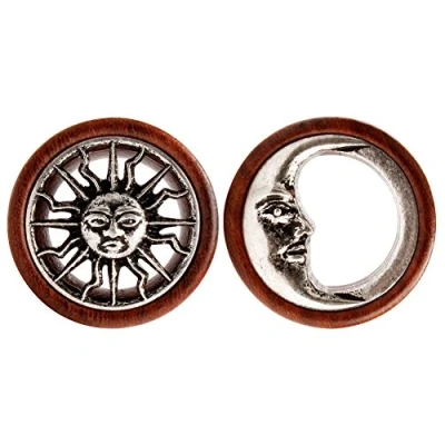 Image of KUBOOZ New Tribal Sun &amp; Moon Organic Natural Wooden Flesh Tunnels Double Flared Ear Stretcher Saddle Plug 20mm