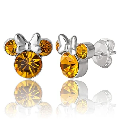 Image of Disney Minnie Mouse Birthstone Jewelry, Silver Plated Crystal Stud Earrings for Women and Girls Mickey&#039;s 90th Birthday Anniversary