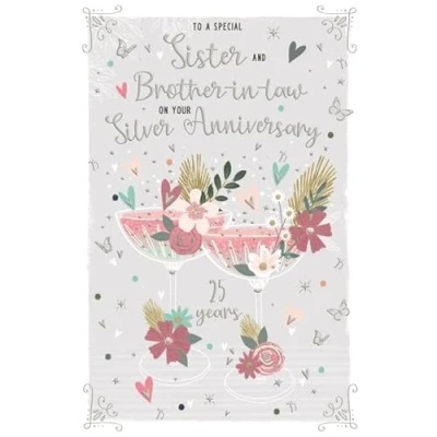 Image of Sister and Brother in Law Silver Anniversary Card 25th 25 Years Floral Cocktails Love Hearts Design Special Finishes Illustrated Insert Leaf Made the UK Eco Friendly