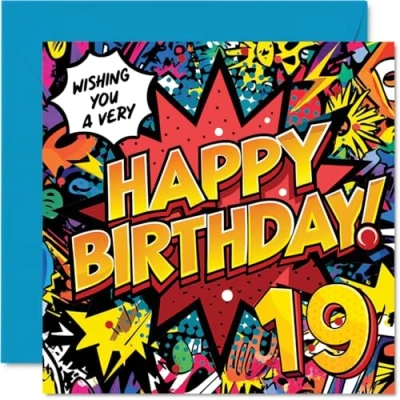 Image of 19th Birthday Cards for Men Women Comic Book Pow! Happy Card 19 Year Old Man Woman Grandson Friend Brother Granddaughter, 145mm Bday Greeting
