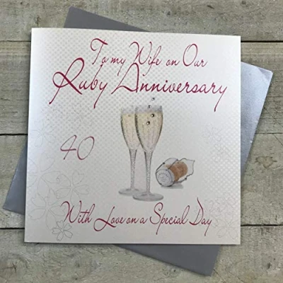 Image of white cotton cards To My Wife on Our Ruby Handmade Large 40th Anniversary Card Champagne Glasses, XLWA40W