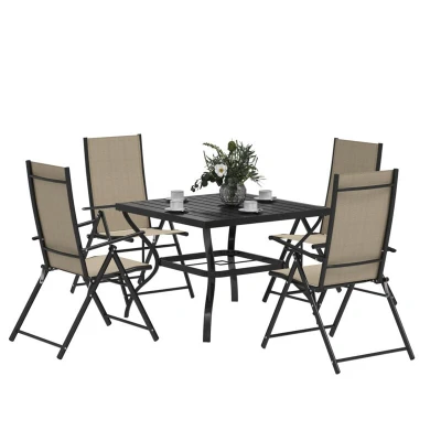 Image of Outsunny 5 Pieces Garden Dining Set, 4 Seater Furniture Set with Parasol Hole, Outdoor High Back Folding Chairs and Square Metal Top Table for Patio, Khaki