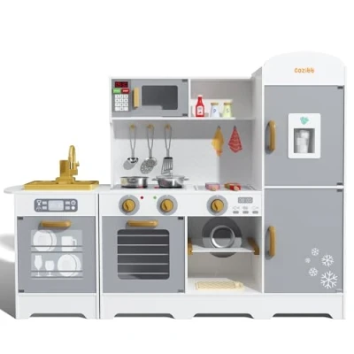 Image of CoziBB Kids Corner Toy Kitchen, Play Wooden Kitchen for Girls Boys Gifts, Large Pretend Role Birthday Toddler Baby, Cabinet Playset, Children Age 3+, Grey