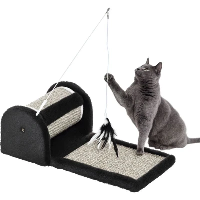 Image of PawHut Cat Scratcher, Sisal Scratching Board Mat Pad with Roller, Feather Toy, 44 x 24 16 cm, Grey