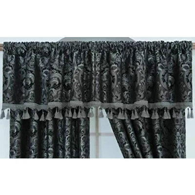 Image of Curtain Pair Tieback Heavy Jacquard Pencil Pleat Pelmet (Grey, 92 in)