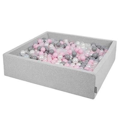 Image of KiddyMoon Soft Ball Pit Square 120X30cm/300 Balls ∅ 7Cm / 2.75In For Kids, Foam Pool Baby Playballs Children, Made In EU, Light Grey:Pearl Grey Transparent Powder Pink