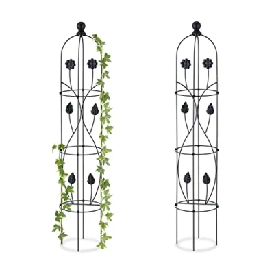 Image of Relaxdays Set of 2 Garden Obelisks, 103 x 20 cm, Climbing Plant &amp; Flower Support, Metal, Free Standing, Rose Cage, Black