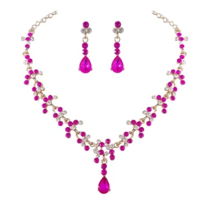 Image of Prosy Bride Rhinestone Necklace and Earring Set Crystal Bridal Party Wedding Jewelry Sets for Women Girls (Roseo)