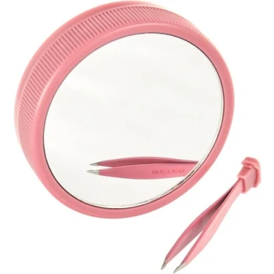 Image of Beter Double Magnifying Mirror x10, with led Light, Precision Tweezers Inside, Oooh Flash Patented Design, Your Hand Light for The Bag, Pink Color