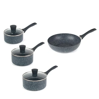Image of Russell Hobbs COMBO 7551A 4 Piece Cookware Set with Saucepans and Stir Fry Pan Non Stick Set, 16/18/20 cm Saucepans, 28 Wok, Heat Resistant Exterior, Tempered Glass Lids, Nightfall Stone