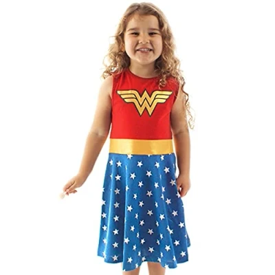 Image of DC Comics Wonder Woman Dress for Girls Kids Cosplay Red OR Blue Options Childrens Fancy Party Outfit Gifts 7 8 Years