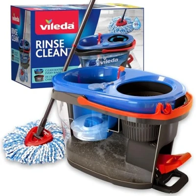 Image of Vileda RinseClean Spin mop System, Separates clean and dirty water, Effortless wringing, Microfibre bucket set