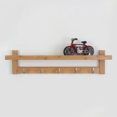 Image of Storage Floating Shelf Wall Mounted Shelves Hook Up, Bamboo with 5 Hooks, Display for Living Room, Bedroom, Bathroom