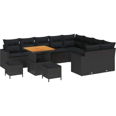 Image of vidaXL 12 Piece Garden Sofa Set with Cushions Black Poly Rattan Acacia