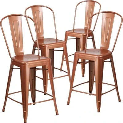 Image of FWStyle Blake Commercial Grade 4 Pack 24&quot; High Copper Metal Indoor Outdoor Counter Height Stool with Back