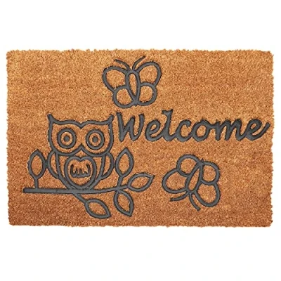Image of Embossed Door Mat Non Slip Natural Coir Doormat Indoor &amp; Outdoor Welcome Rug 40 x 60cm Heavy Duty (Embossed Owl)