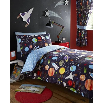 Image of Kidz Club Planets Double Duvet Cover and 2 Pillowcase Set Bedding for Boy&#039;s Sun Mars Moon, Polyester Cotton, Dark Blue