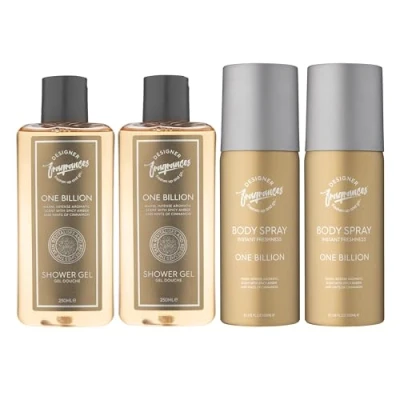 Image of Designer Fragrances One Billion Men&#039;s Bundle Each Package Includes 2 x 150ml Body Spray Deodorant Cans 250ml Shower Gels For Instant Freshness Long Lasting Smell Great Male Gift Sets