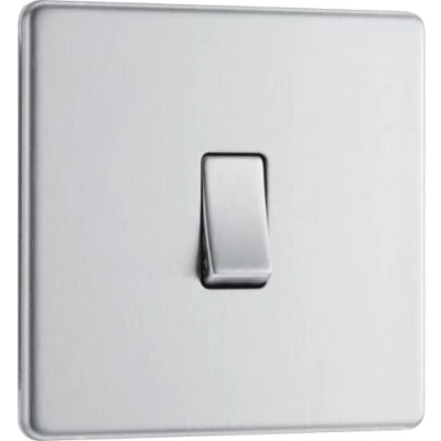 Image of BG Electrical Single Intermediate Wall Light Switch, Screwless Front Plate, Slim Profile, Premium Flatplate, Brushed Steel, 20A, 16AX, FBS13