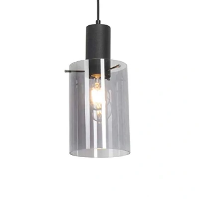 Image of Qazqa Vintage Pendant Lamp I Light Ceiling Black with Smoke Glass Vidra Modern Suitable for LED E27 1 Steel Living Room Kitchen