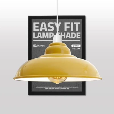 Image of Modern Industrial Metal Ceiling Light Shade Yellow 32cm Large Curvy Easy Fit Pendant Lamp for Living Room, Kitchen, Hallway(Free Reducer Plate)