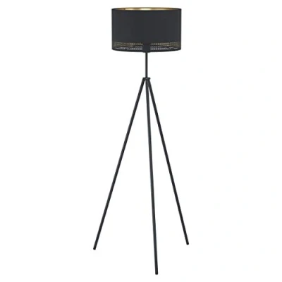 Image of EGLO Tripod floor lamp Esteperra, vintage and retro standing light made of steel fabric in black gold, living room lighting with foot switch, E27 socket