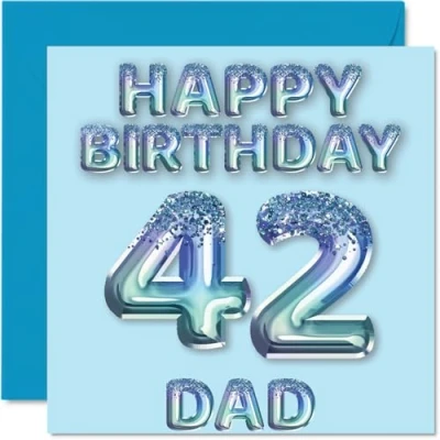 Image of 42nd Birthday Card for Dad Blue Glitter Party Balloons Happy Cards 42 Year Old Father from Son Daughter, 145mm x Bday Greeting Gift