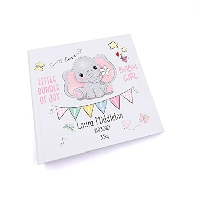 Image of ukgiftstoreonline Personalised Baby Girl Photo album with elephant Design