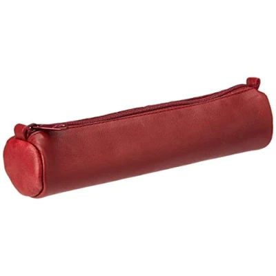 Image of Clairefontaine Ref 77030C Age Bag Small Leather Round Pencil Case 18.5 x 4cm, Genuine Lambskin Leather, Vegetable Tanned Dye, Metal Zipper Red