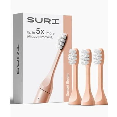 Image of SURI Recyclable Plant Based, Electric Toothbrush Heads Built in Tongue Scraper, Long Lasting Replacement Compatible Only with Sonic Sunset Bloom, Pack of 3
