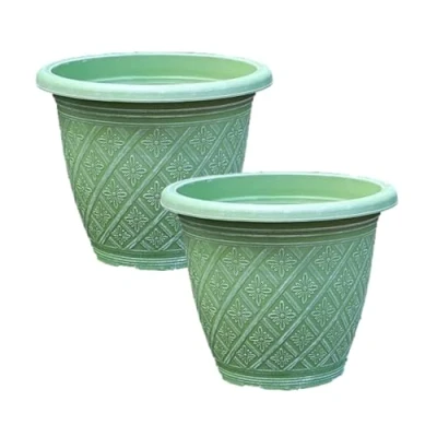 Image of Fyne Finds Set of 2 Round 33cm 13inch Garden Plant Pot Woven Flower Outdoor Decor Planter Frost Proof, Weatherproof, Drainage Hole (Moss Green)