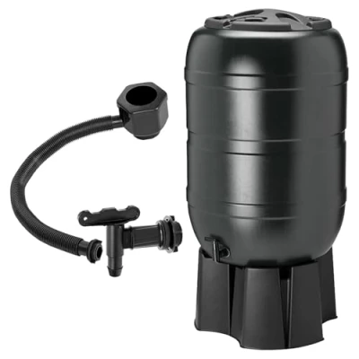 Image of 210 Litre Large Black Water Butt For Outdoor Gardens Complete With Stand, Filer, Tap &amp; Lockable Lid