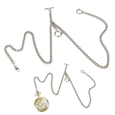 Image of Brrnoo Clip Pocket Watch Chain with T Bar, Vintage Metal Alloy Vest Chain,44cm Retro Link Classic Antique Gift (silver)