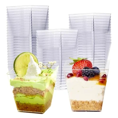 Image of MATANA 48 Hard Plastic Dessert Cups, Pots (Square, 225ml) Reusable Cheesecake Pots, Fruit Jelly Trifle Bowl Glasses for Pudding, Mousse, Parfait, Tiramisu