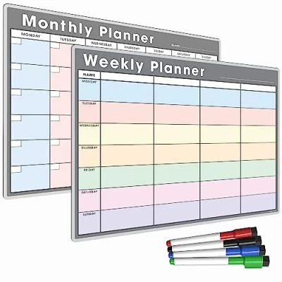 Image of TMS A3 Monthly Planner Whiteboard Magnetic Fridge Calendar for Meal Prep, Work or Family Planning Made in the UK (A3 + A3, Grey &amp; Pastel Combo)