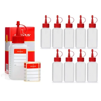 Image of Octopus 10x 100 ml plastic bottles made of HDPE with red squirt/dropper/drip caps, e.g. for e liquids/e cigarettes, chemical resistant, incl. labels