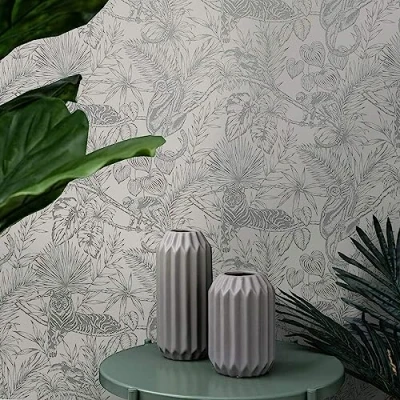 Image of SOPHIE LAURENCE Tropical Floral Glitter Parrot Tiger Monkey Jungle Wallpaper Solid Thick Heavy Duty Designer (Grey)